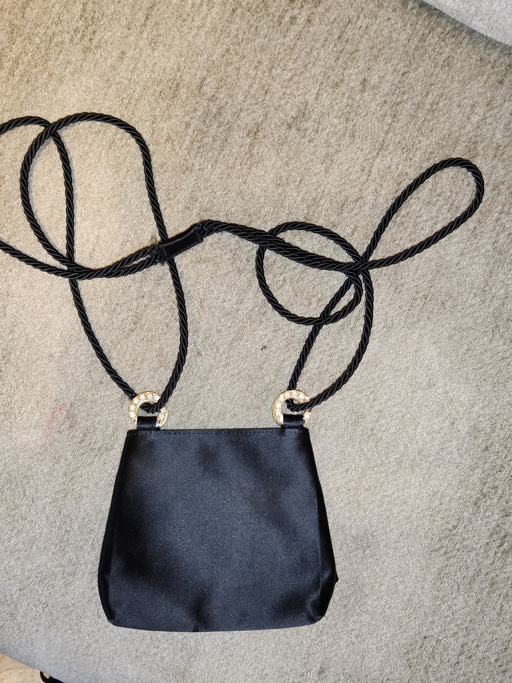 Neiman Marcus Black Satin Crossbody with Crystal-Embellished Rings